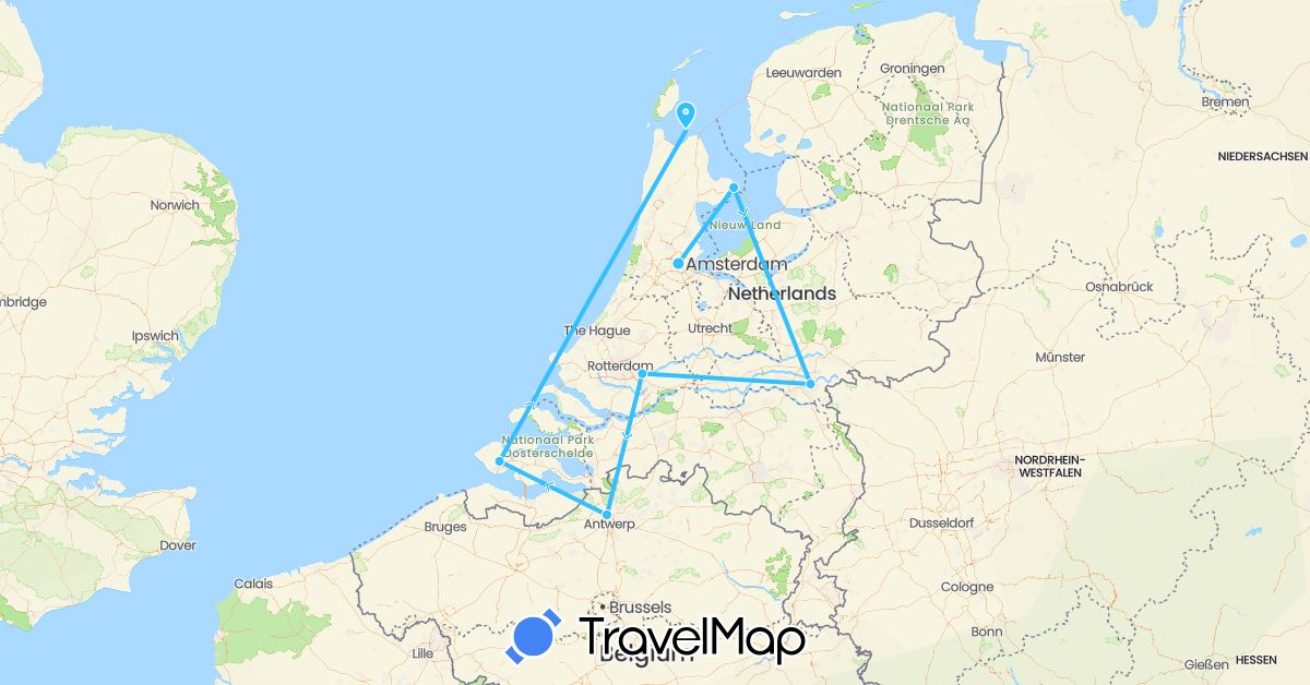 TravelMap itinerary: driving, boat in Belgium, Netherlands (Europe)